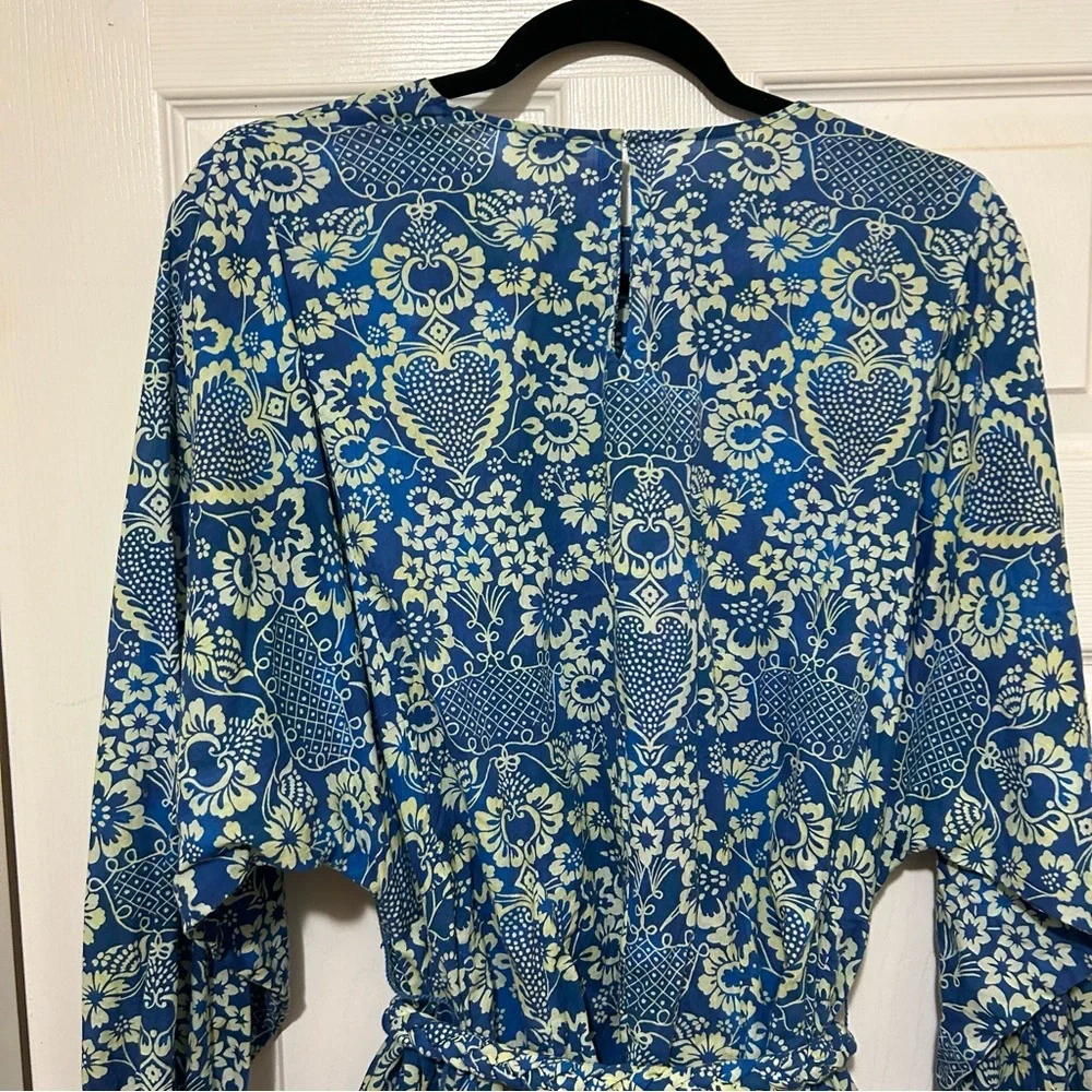 RHODE Floral Print Dress Blue Cream Feminine Ruffle Cotton Beach Vacation Sz Med - Picture 15 of 16